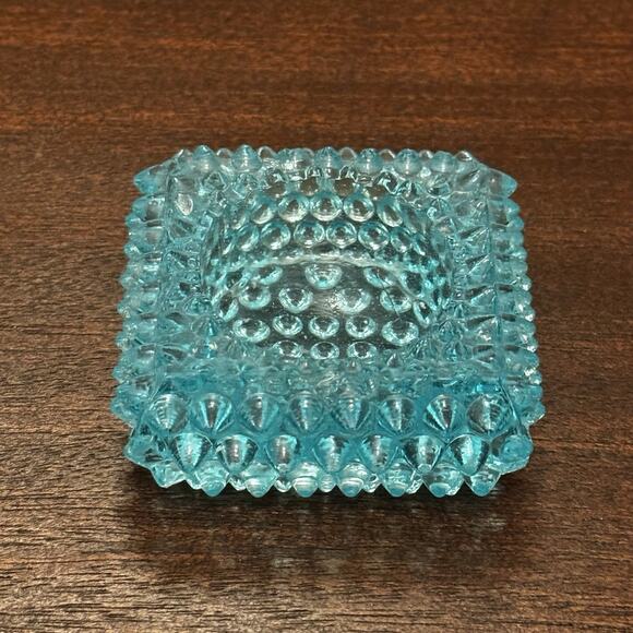 Vintage Blue Hobnail Glass Salt Cellar Square Ashtray Trinket Dish Retro MCM VTG - Picture 1 of 14